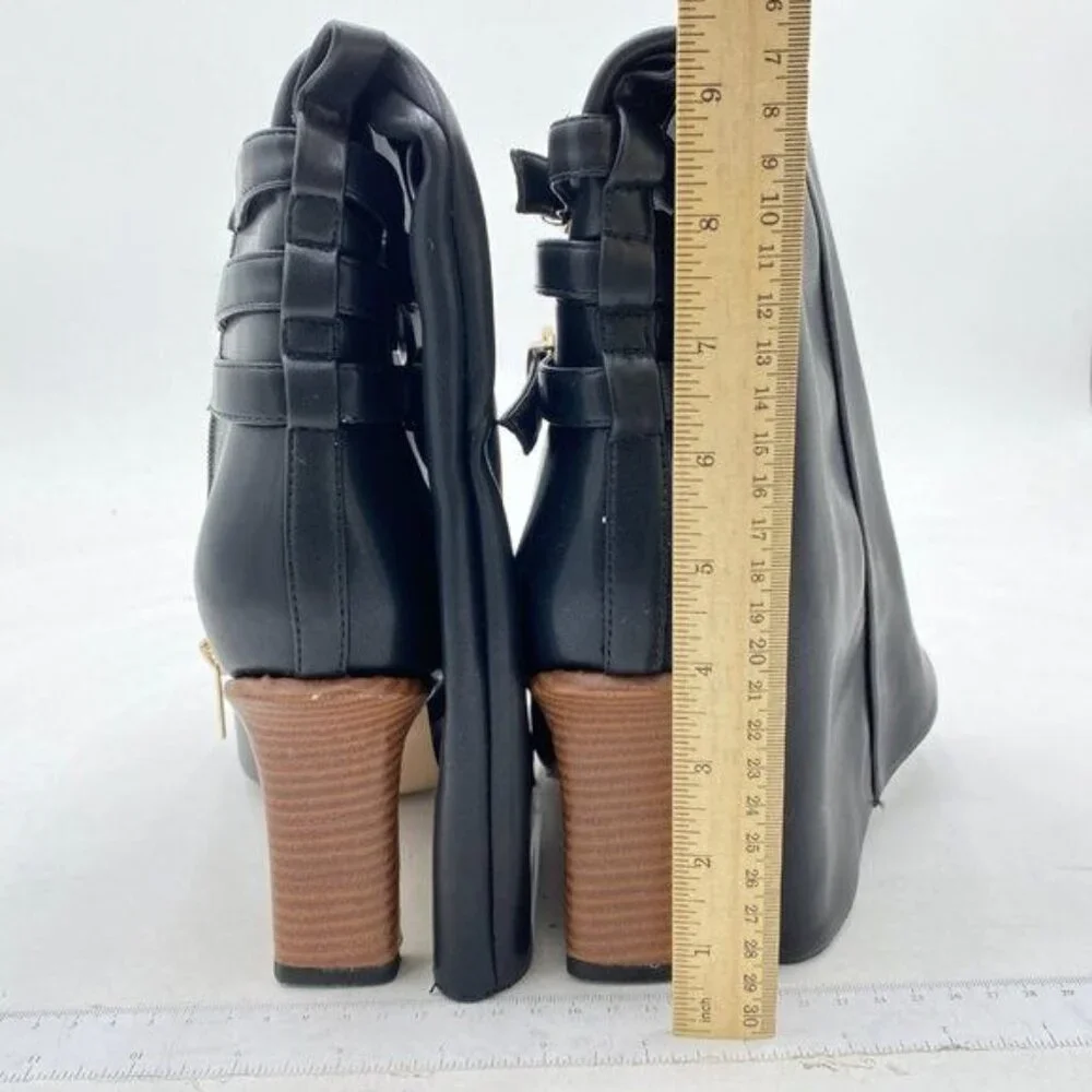 Black Side Zipper Strap Buckle Boots Chunky High Heel Square Toe Ankle Booties